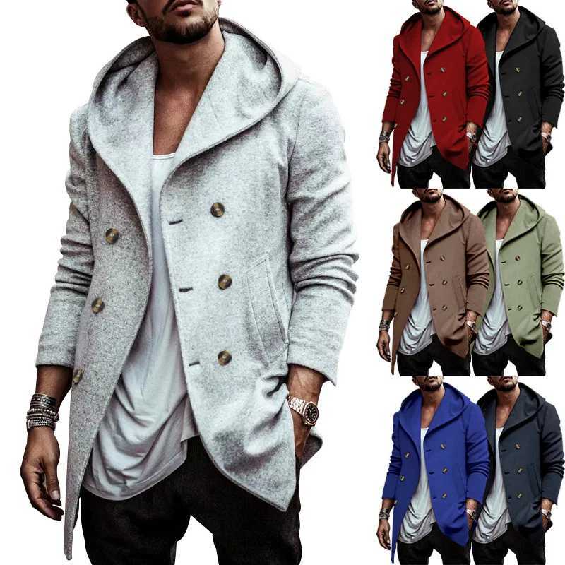 Mens Medium and Long Lapel Hooded Composite Space Cotton Double-Breasted Casual Trench Coat W250815
