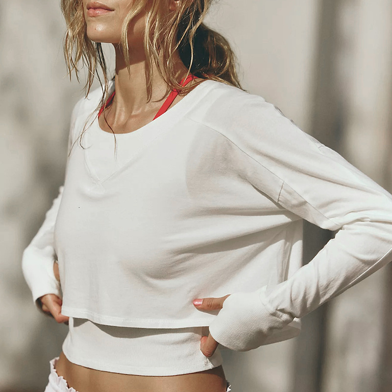 Solid Color Crop Top T-Shirt Women's Pure Cotton Versatile Long Sleeve Base Shirt Autumn Sports Round Neck Thin Sweatshirt