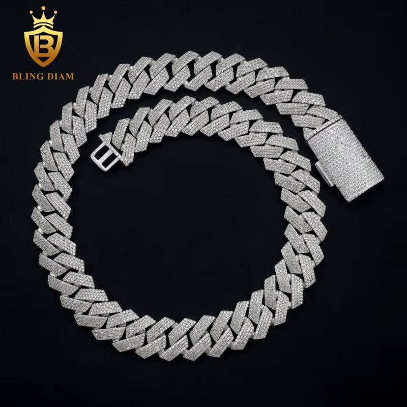 New Design 20MM Moissanite Cuban Chain Necklace High Quality Round Brilliant Cut Diamond 925 Silver
