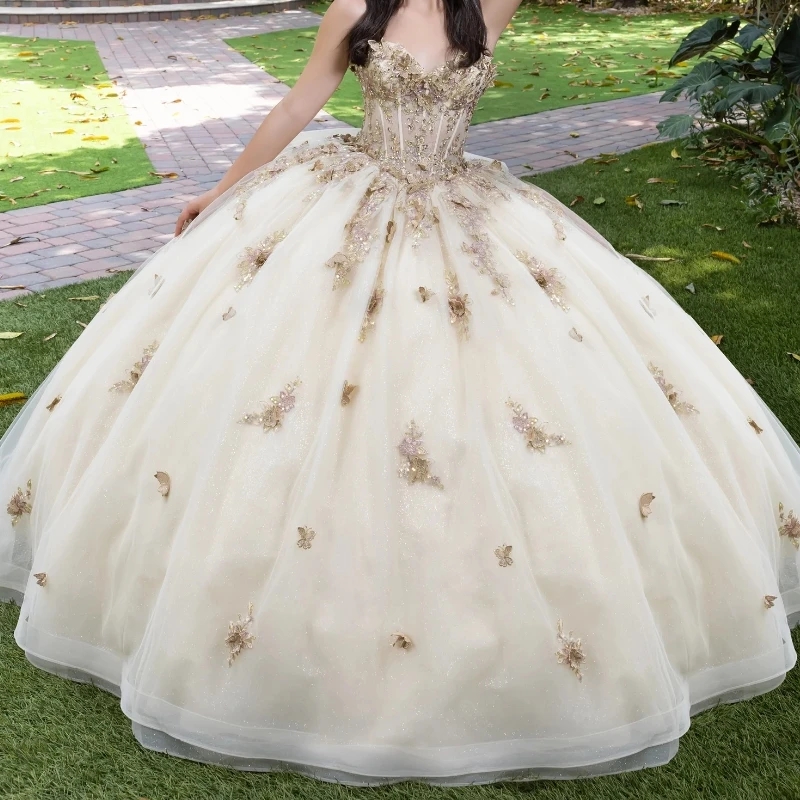 Light Champagne Ball Gown Quinceanera Dresses Off the Shoulder Applique Bow Beads Tull Corset Vestidos 15 De Anos Sweet 16 Dress