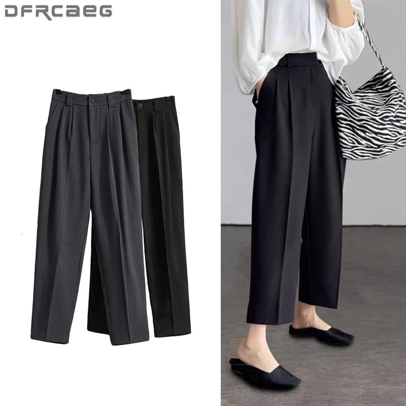 Plus Size Pants For Women Spring Summer 2025 Korean Fashion High Waist Suit Pant Gray Or Black Casual Trousers Female 250808