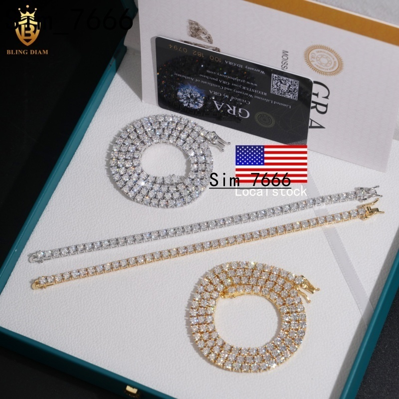 Hot Sale GRA Certificate Hip Hop 925 Sterling Silver 3mm Tennis Necklace Bracelet VVS Moissanite Tennis Chain