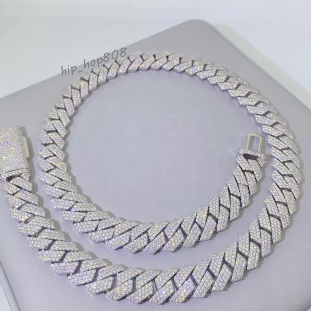 Hip Hop Moissanite Cuban Chain Straight Angle 18MM 2 Rows S925 Custom Cuban Link Chain Necklace