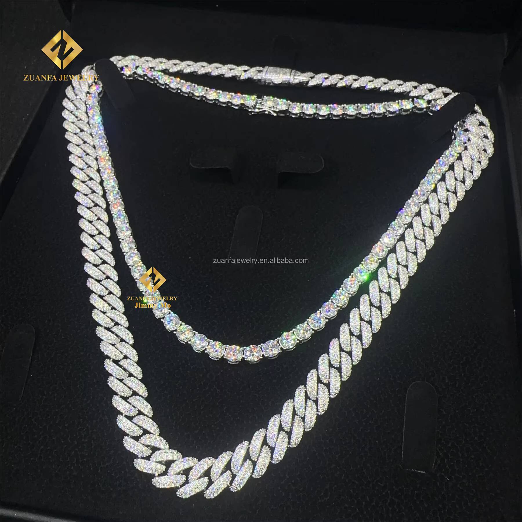 Hot Selling Fire Jewelry Lowest Price 10mm Iced Out Man Hip Hop Pass Diamond Tester Moon Shape Moissanite Miami Cuban Link Set