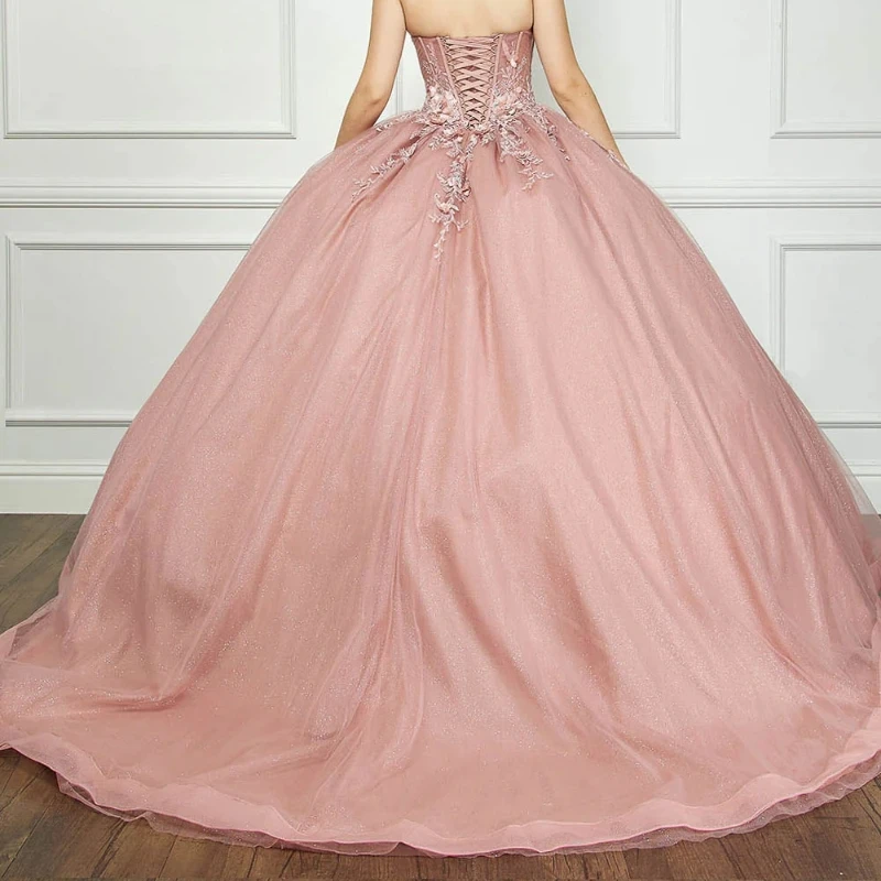 Rose Gold Shiny Princess Sweet 16 Dress Quinceanera Dresses Off The Shoulder Applique Flower Tull Corset Party Birthday Vestides 15 Anos