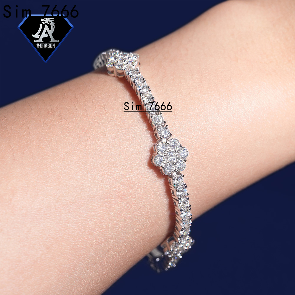 New Arrival S925 Silver D Color 3mm Moissanite Flower Tennis Chain Unisex Hip Hop Bracelet