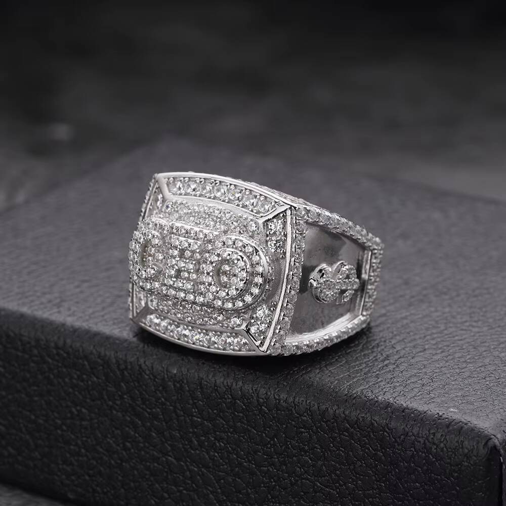 Hip Hop Fine Jewelry Iced Out Moissanite Dia Gold Plated Real Sterling Sier CEO Letter Dollar Signs Rings for Men