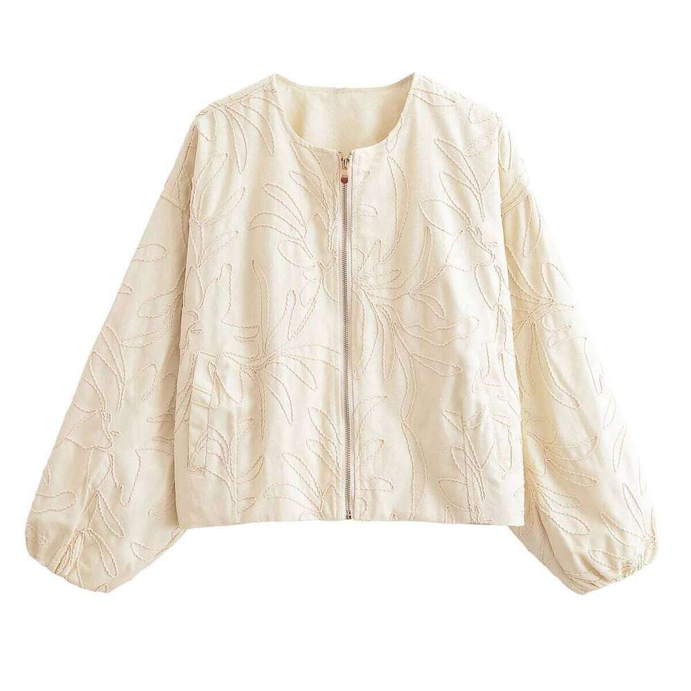 Designer Clothing 2025 Women's Cropped Jacket With Floral Embroidery And Puff Sleeves Zipper - Front Design For A Trendy Look