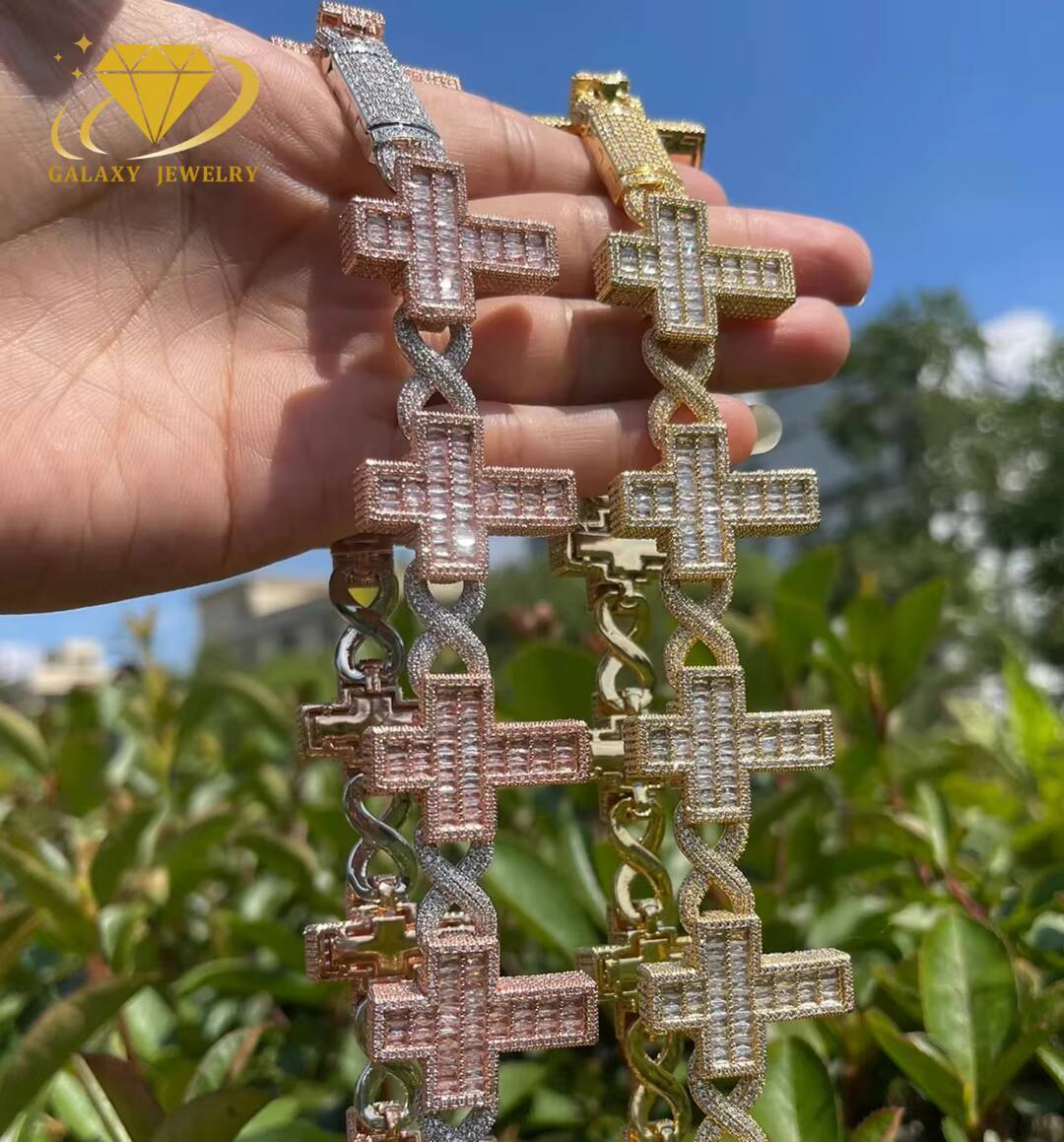 Hip Hop Iced Out 20mm Certified Chains Colorless Moissanite Diamond Bracelet Baguette Cross Infinity Cuban Link Chain Necklace