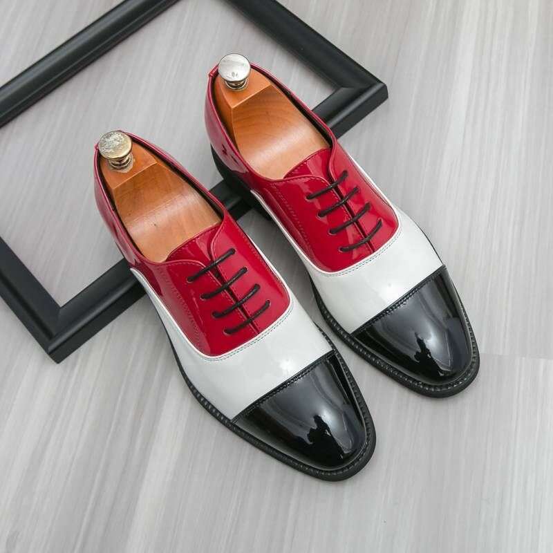 New Men's Patent Shiny Three-joint Contrast Color Business Formal Casual Leather British Pointed Toe Stage Wedding Shoes