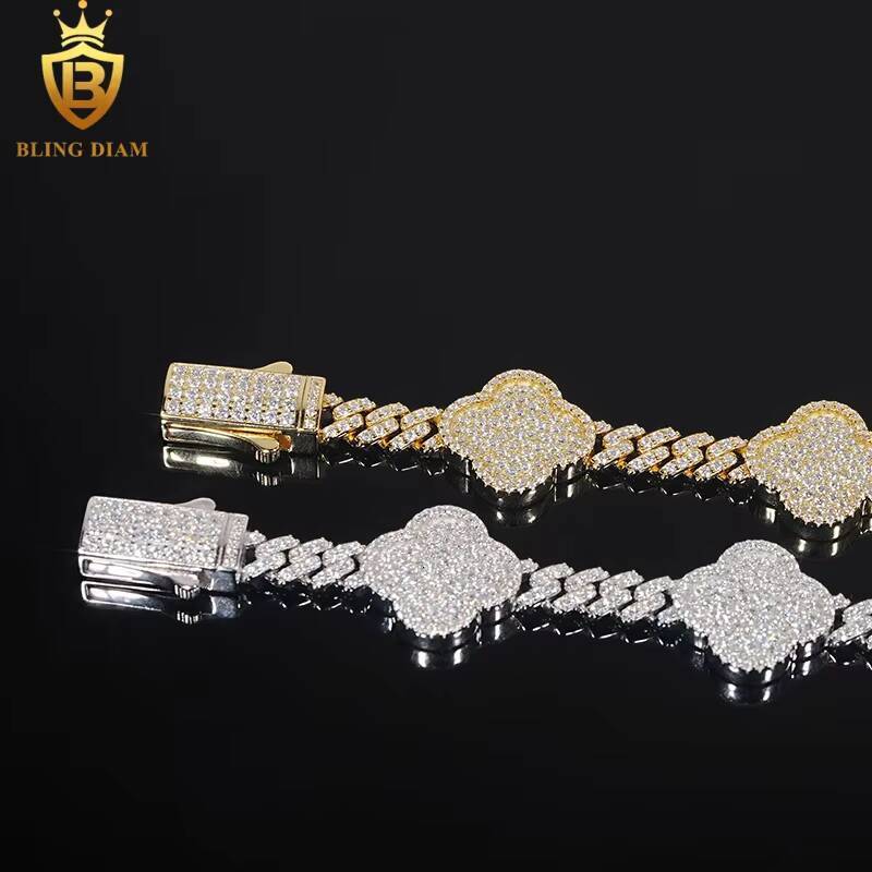 Luxury Charms Bangle Jewelry 6mm 925 Sterling Silver Rose Gold Vvs Moissanite Four-Leaf Clover Bracelets for Men Women