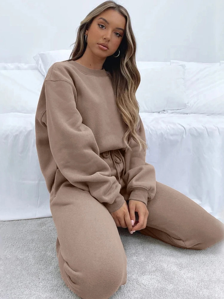 Autumn womens casual suit solid color long sleeve crewneck hoodie laceup pocket pants winter twopiece set 250814