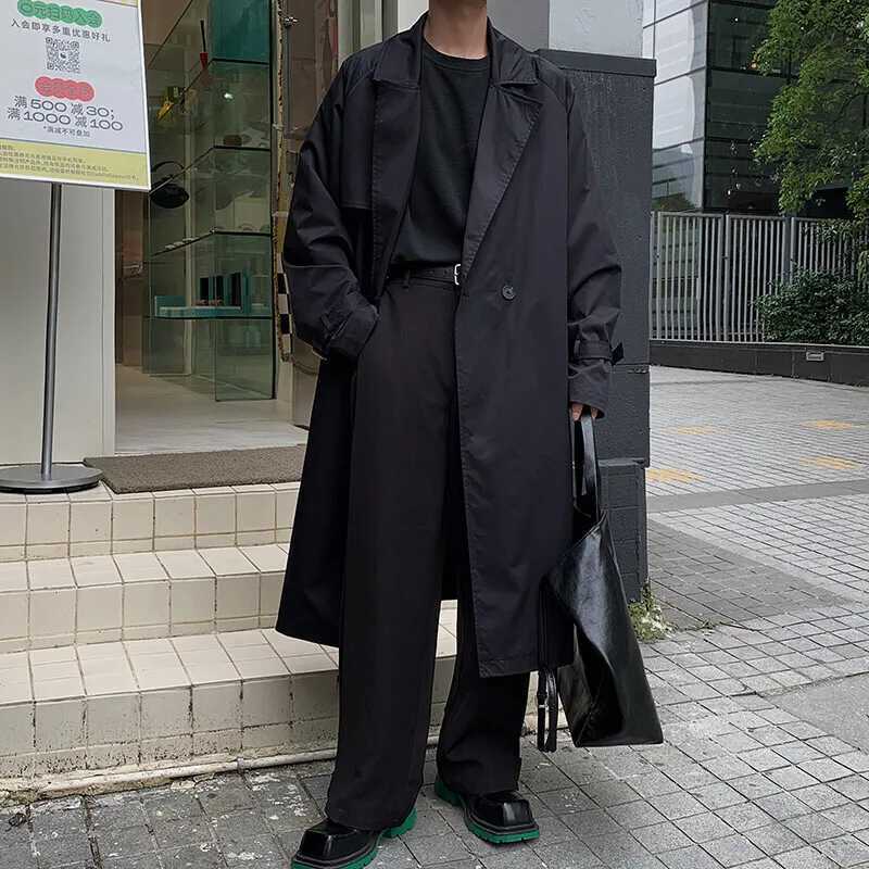 Autumn Trench Coat Men Oversized Fashion Khaki Black Long Coat Men Streetwear Korean Loose Windbreaker Jacket Mens Overcoat W250815