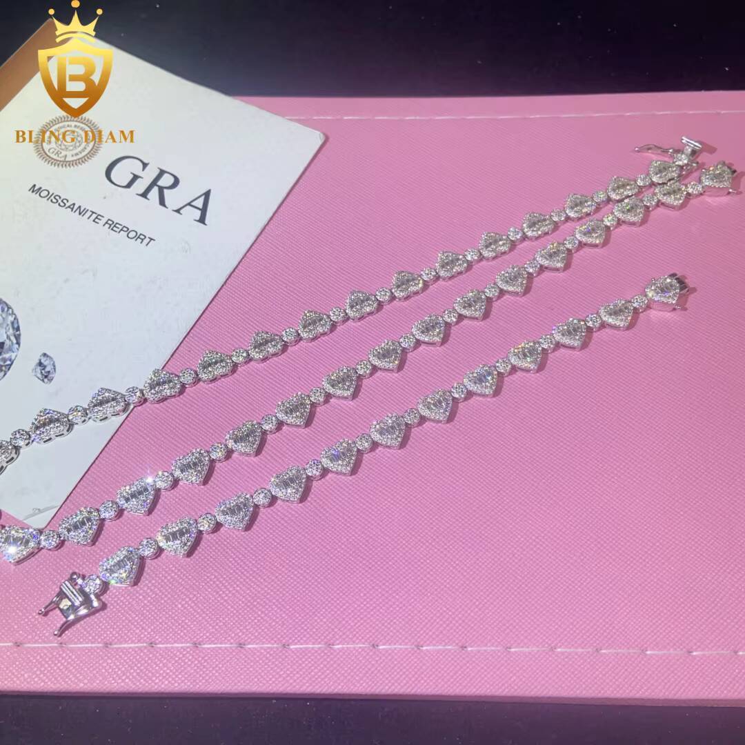 Hot Sale Love Heart Necklace Bracelet 925 Sterling Silver Chain Moissanite Cuban Bracelet Men Women Hip Hop Style with GRA