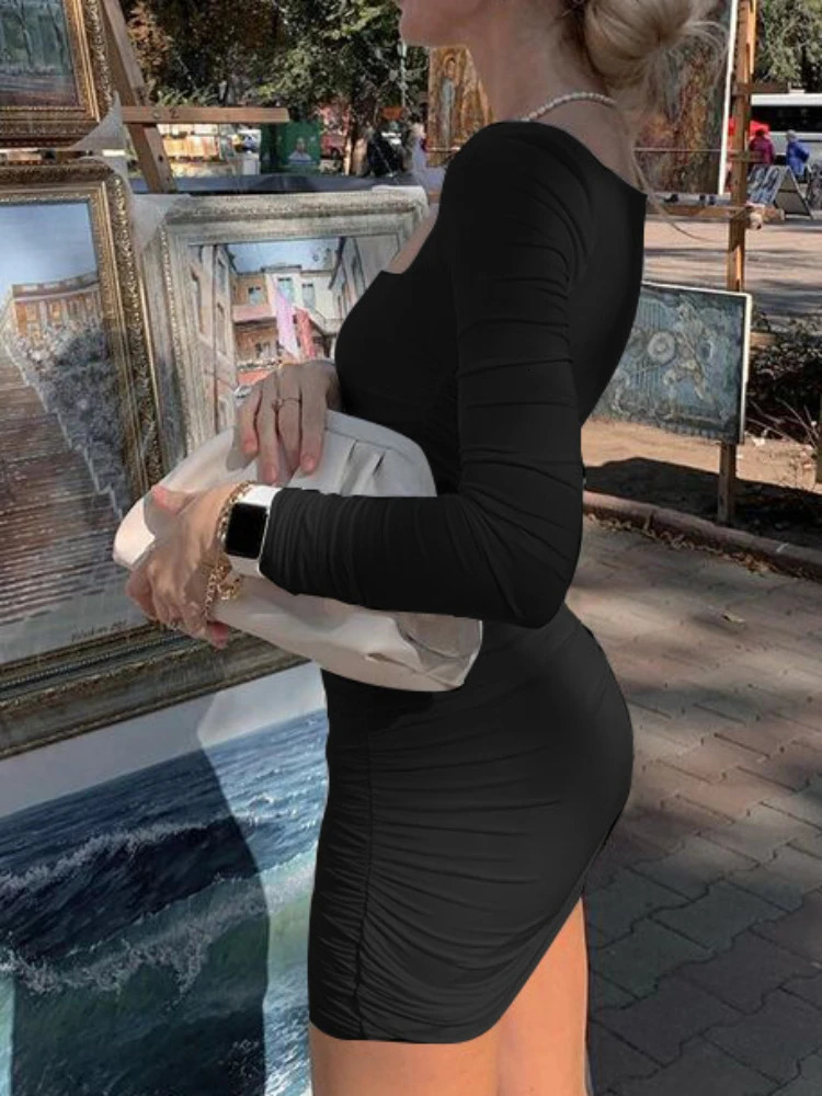 Elegant Square Collar Long Sleeves Folds Slim Bodycon Dress Women Solid Color Skinny Mini Dress Sexy Club Party Vestidos 250808