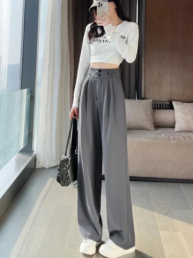 High Waist Suit Pant Straight Black Korean Office Ladies Trousers Fashion Button Loose Spring Female Streetwear 2024 250808