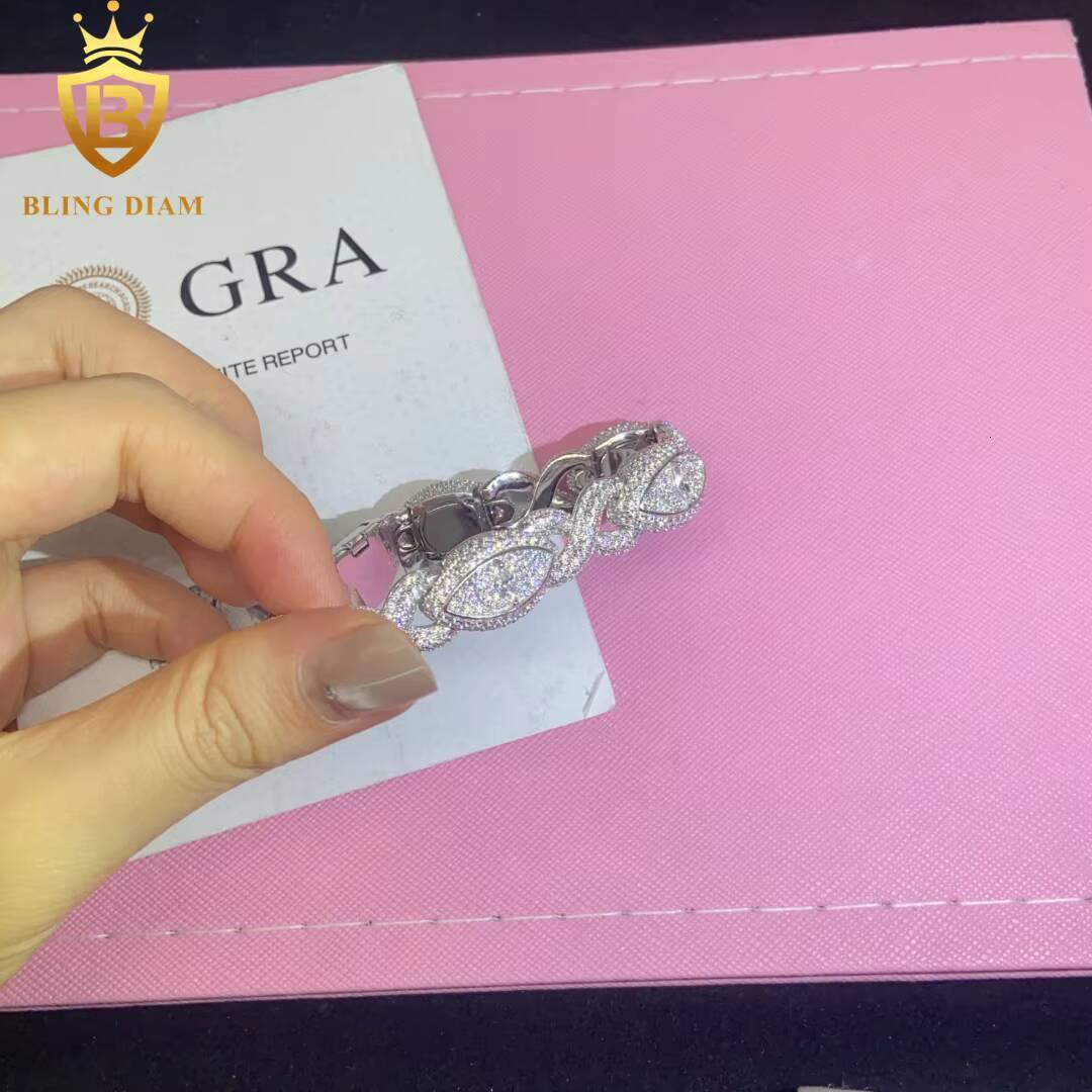 New Design Fashion 925 Silver Cuban Chain Eye Bracelet Moissanite Cuban Bracelet Men Women Hip Hop Style Pass Diamond Tester GRA