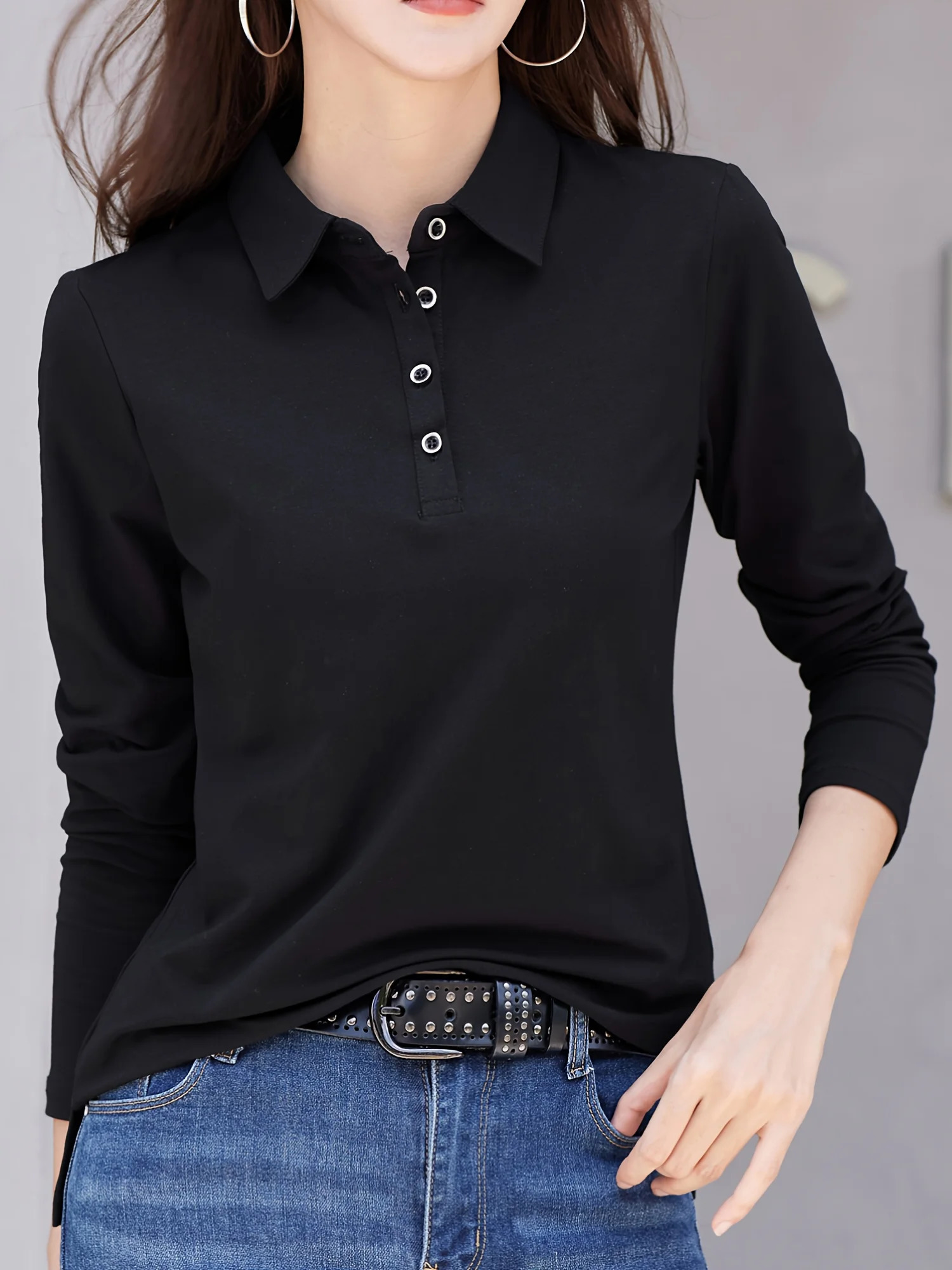 Solid Button Front Tshirt Regular Fit Versatile Long Sleeve Simple For Womens Clothing Comfort Wardrobe Staple 250814