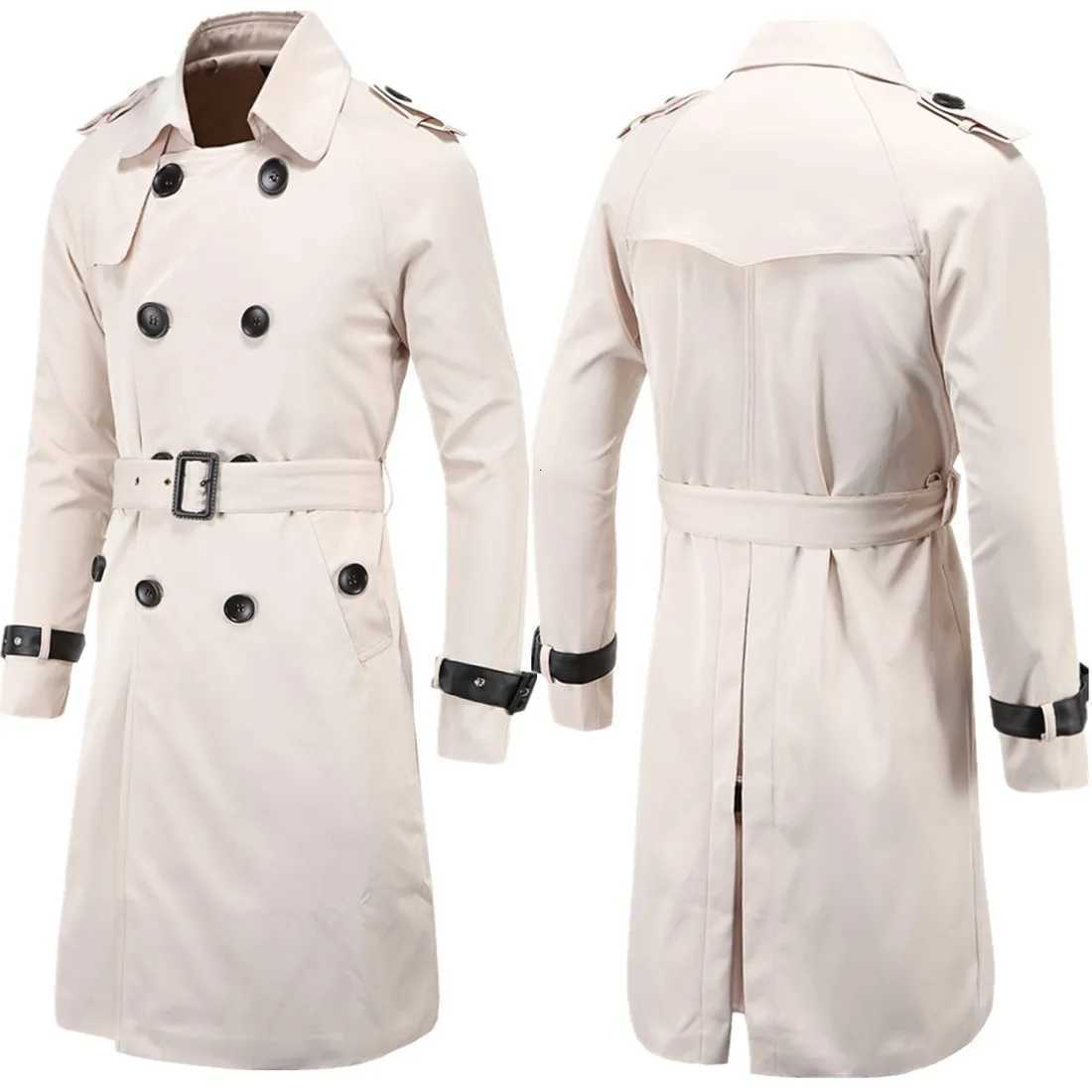 Mens Spring Autumn Windbreak Overcoat Long Trench Coats with Belt Male Pea Coat Double Breasted Peacoat W03 W250815