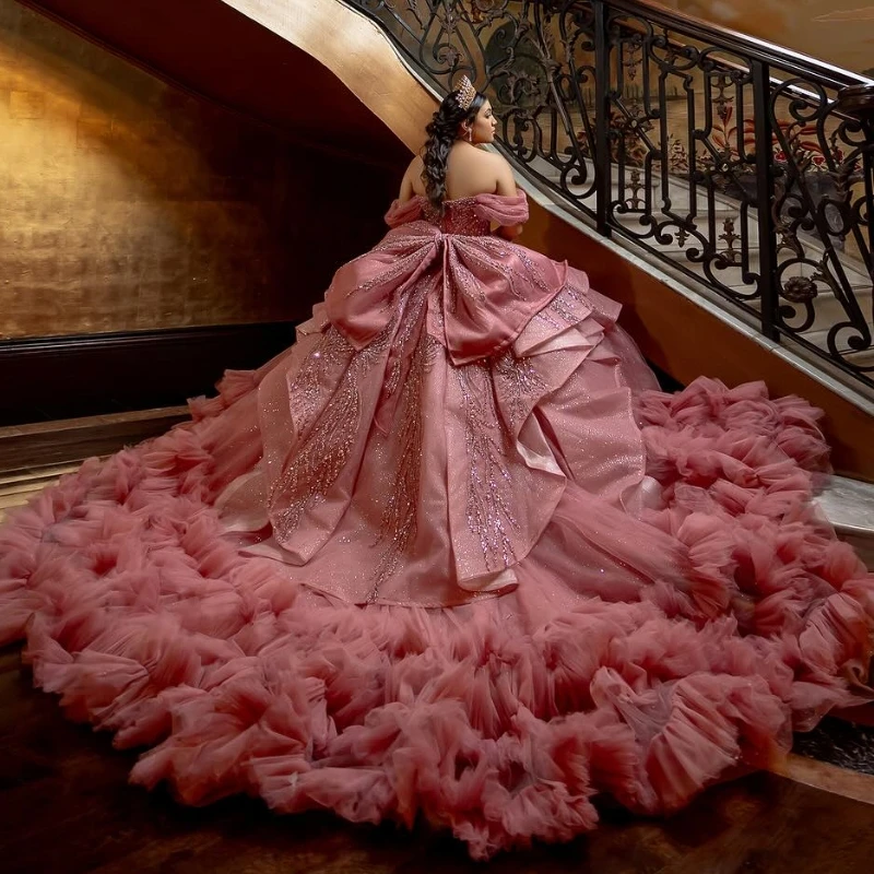 Pink Shiny Princess Sweet 16 Dress Quinceanera Dresses Beading Crystal Bow Tiered Tull Party Birthday Vestido De 15 Anos Ball Gowns