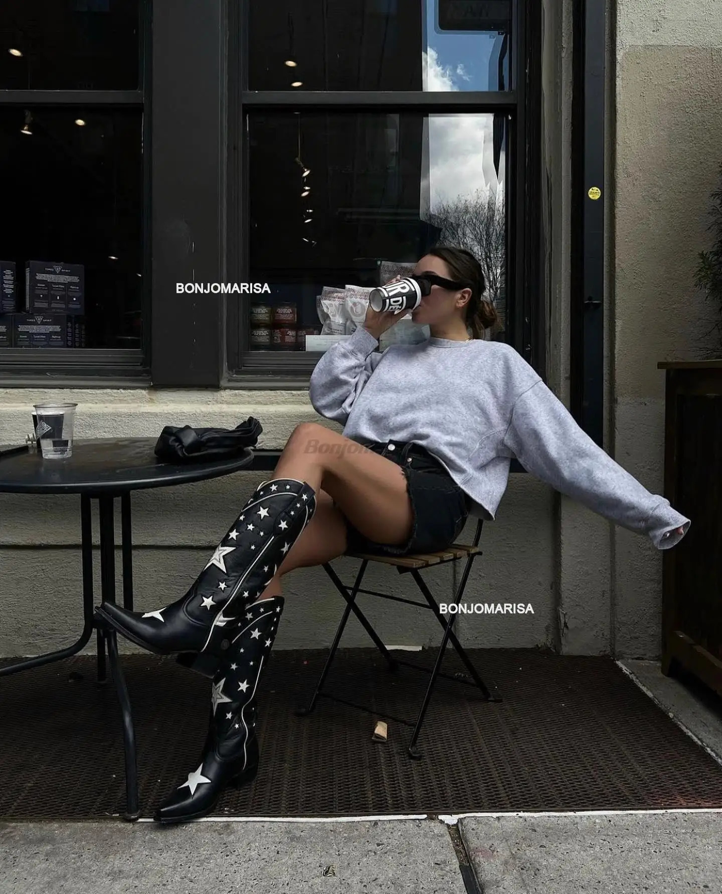 Women Western Boots Embroidered Fashion Chunky Heel Shoes Woman Star Slip On Cowboy Cowgirl Boots Black 250809