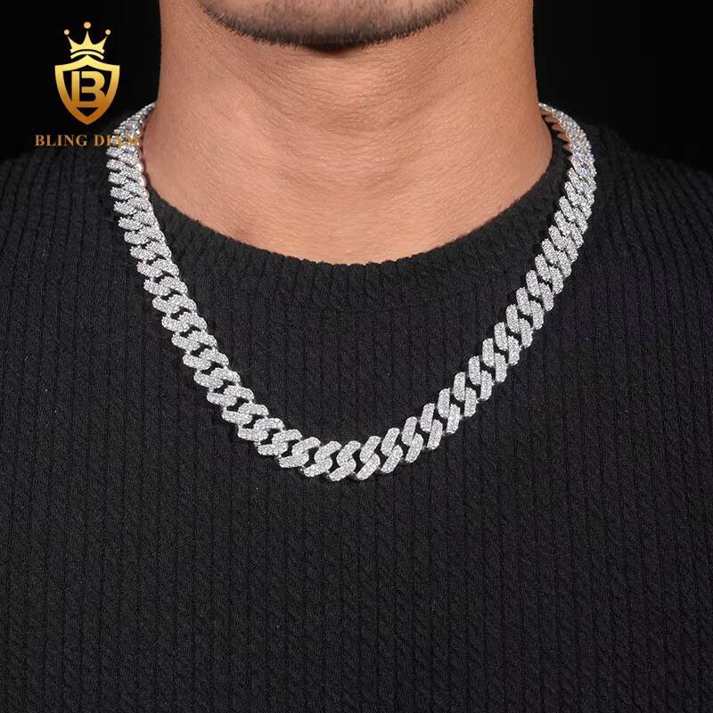 Fashion Male Necklaces 14mm Two Rows Iced Out Hip Hop 925 Sterling Silver VVS Moissanite Miami Cuban Link Chain