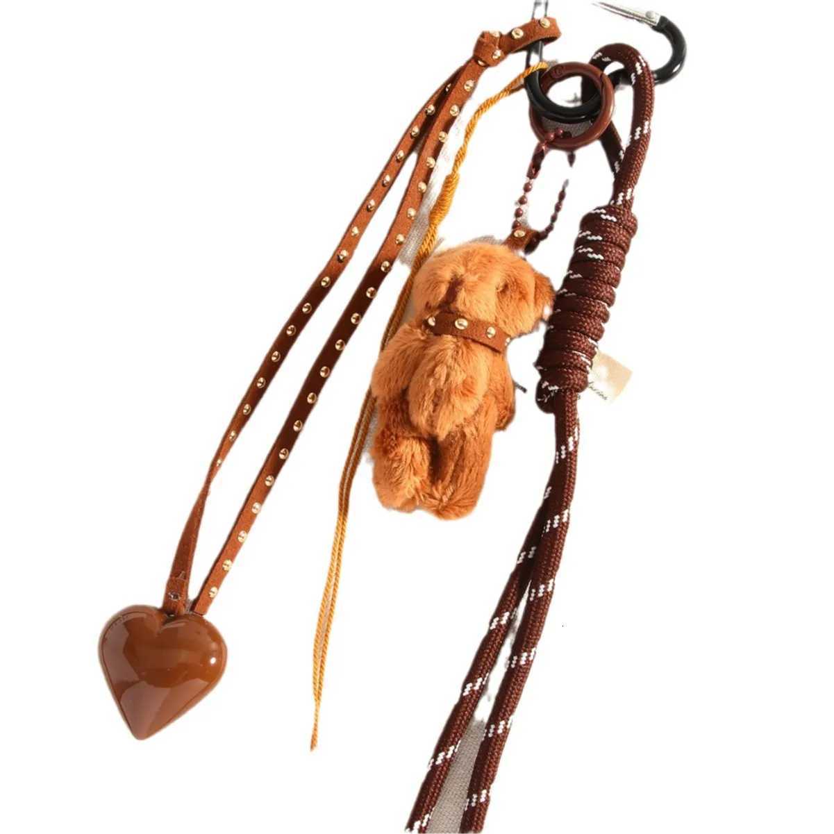 New Series Handmade Leather Braided Rope Love Heart Button Keychain Cute Spot Bow Bear Doll Bag Pendant Keychain for Women Y250815