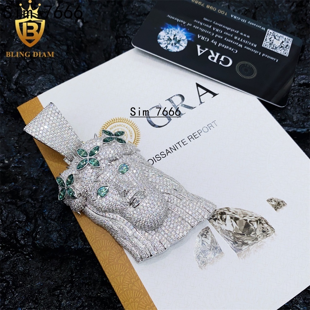 Gra Certificate Luxury Jewelry Jesus Head Blue Green Vvs Moissanite Iced Out Diamond Pendant 925 Sterling Silver