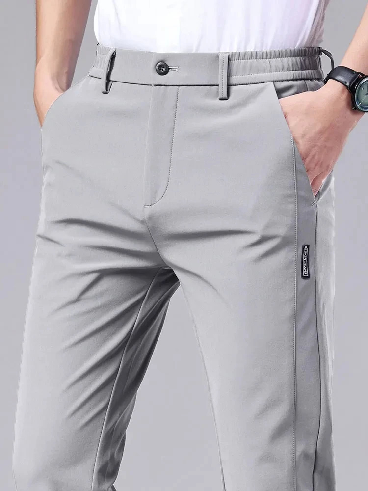 Mens casual pants semi elastic waistband nylon ice silk elastic straight tube light gray business gentleman summer casual 250808