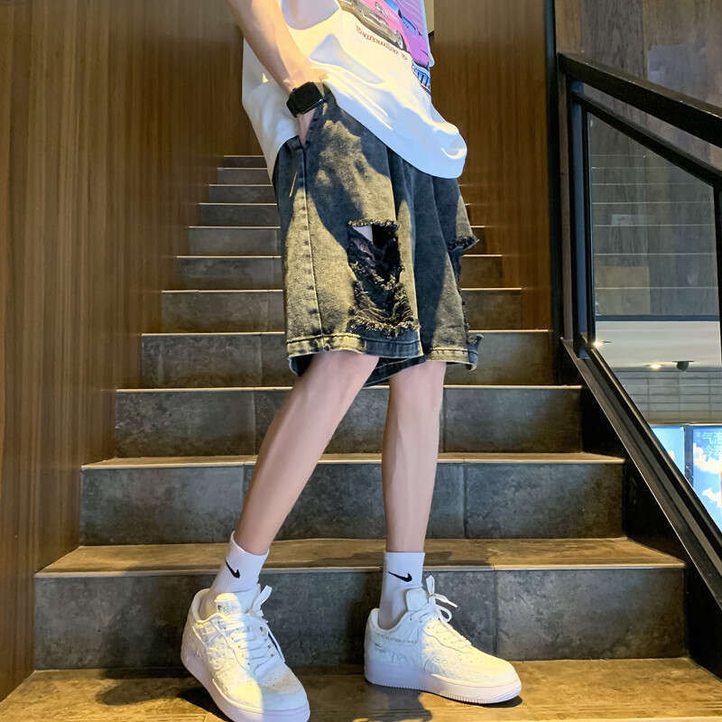 Pink Distressed Denim For Men Summer American High Street Trendy Brand Beggar Pants Niche Design Five-Point Mid-Length Shorts B5