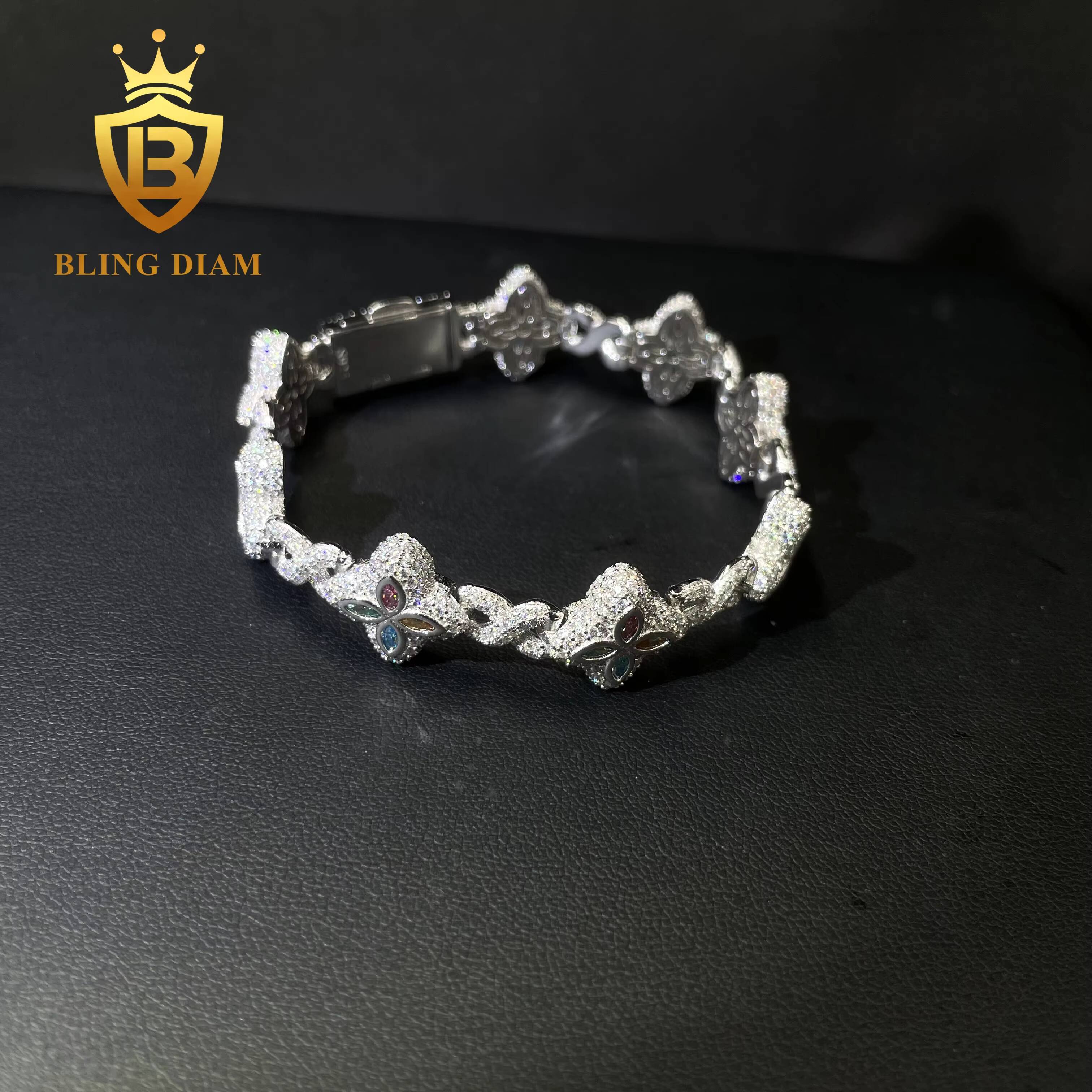 New Style Rapper Jewelry Marquise Flower 15mm Hip Hop Bracelet Moissanite Diamond Cuban Link Bracelet 925 Silver Men Bracelet