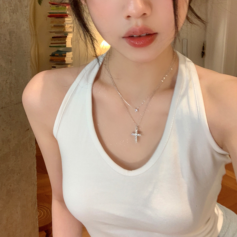 Titanium Steel Cross Zircon for Women Summer Non-Fading Light Niche Shell Pearl Necklace Jewelry Jewelry for Women