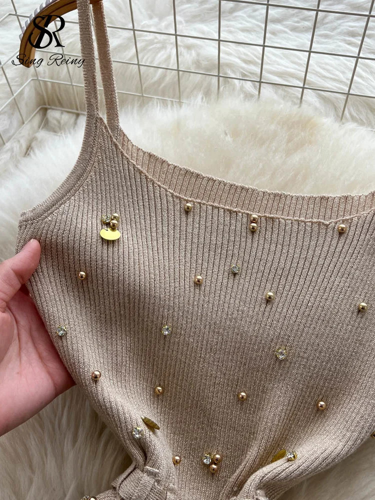 SINGREINY Sexy Knitting Split Long Dress Sleeveless Sequins Diamonds With Sashes Skinny Sundress 2025 Fashion Women Summer Dress 250808