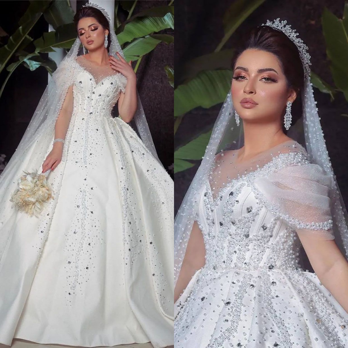 Classic A Line Women Wedding Dress Jewel Neck Sleeveless Bridal Gowns Crystal Pearls Beaded Sweep Train Dress Customized vestidos de novia