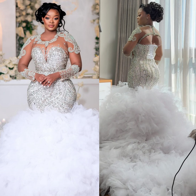 Arabic Aso Ebi Plus Size Ivory Wedding Dress 2025 Appliques Beaded Crystals Pearls Tiers Luxurious Bridal Gowns Dresses Rhinestones Decoration Wedding