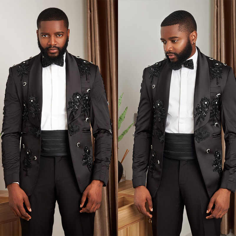 Luxury 2 Pieces Men Suits Customized Shawl Lapel One Button Jacket Tuxedos Crystal Appliques Prom Male Party Blazers