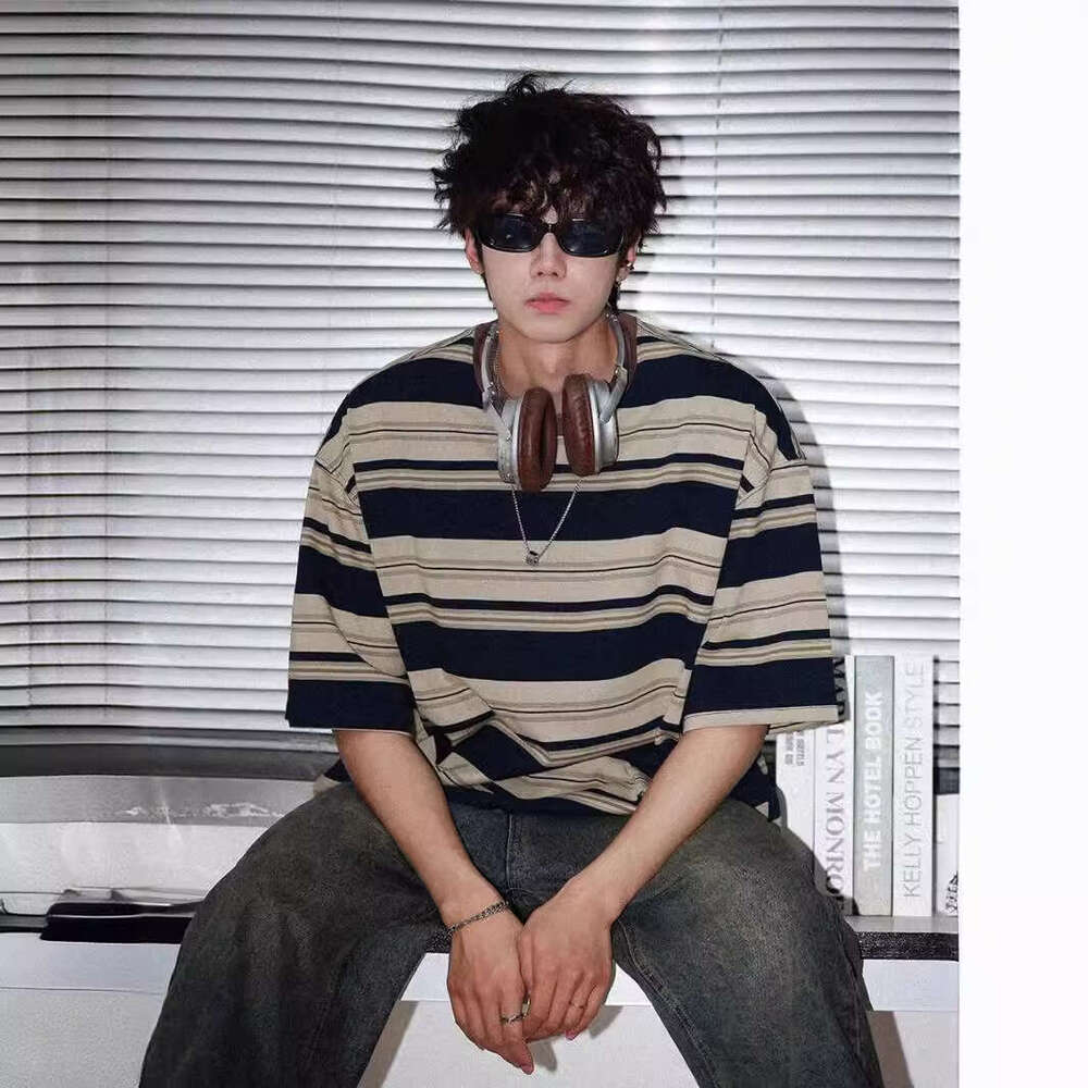 Striped Short Sleeve T-Shirt For Men Summer Boys Teenagers Loose Fit Pure Cotton Design Top Trendy B5