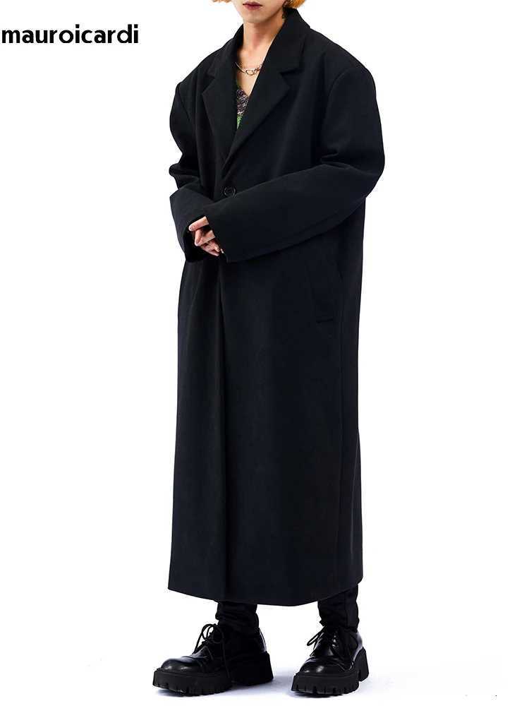 Mauroicardi Autumn Winter Long Oversized Black Woolen Trench Coat Men Shoulder Pads Single Breasted Luxury Cocoon Overcoat 2022 W250815
