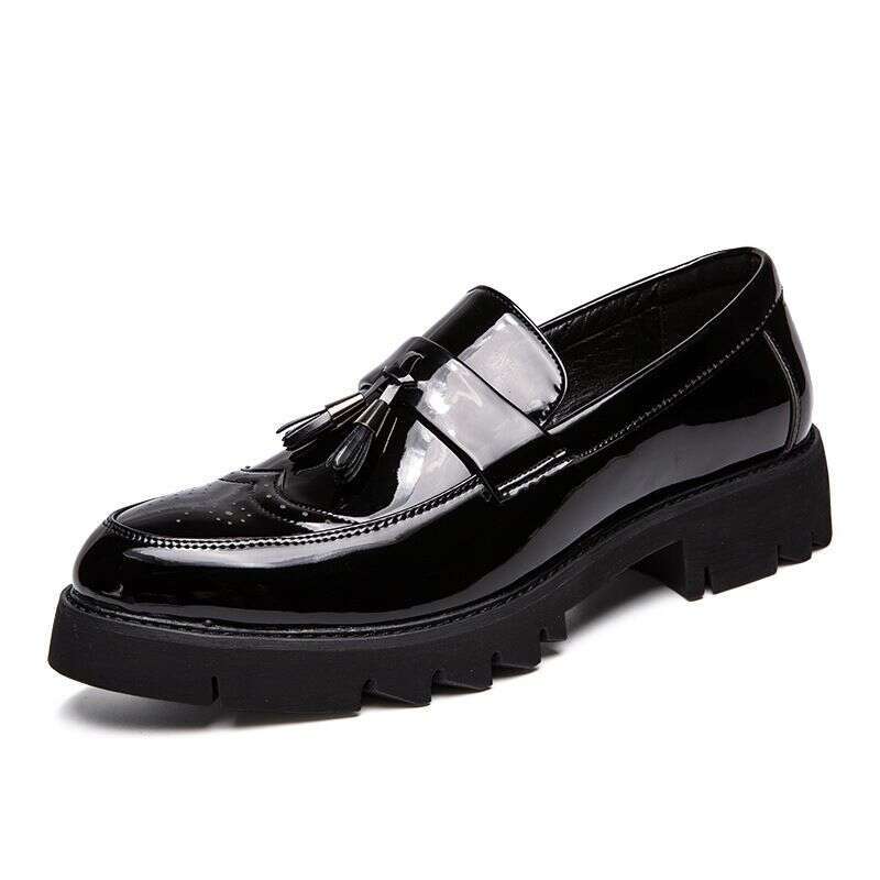 2025 Spring And Autumn Youth Slip-On Loafers Thick-Soled Height-Increasing Black Fashion Men's Casual Leather Shoes
