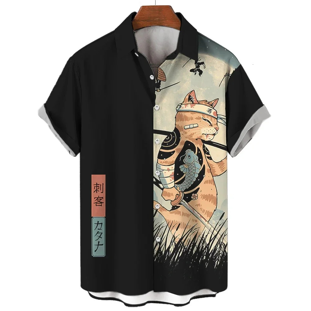 Fashion Mens Clothing Cool Samurai Cat Tops Summer Casual ShortSleeved Anime Loose Blouse Hawaiian Shirts 250804