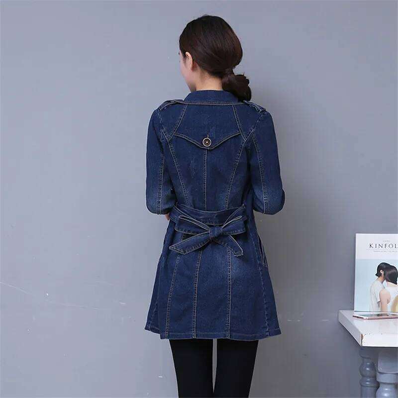 Designer Clothing 2025 Autumn Denim Coat Women Double-Breasted Full Sleeves Vintage Windbreaker Female Long Jean Jacket Outerwear Tops