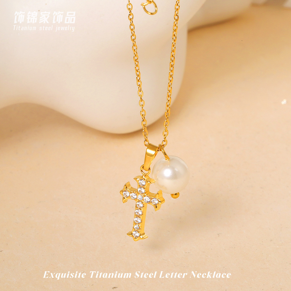 Titanium Steel Cross Zircon for Women Summer Non-Fading Light Niche Shell Pearl Necklace Jewelry Jewelry for Women
