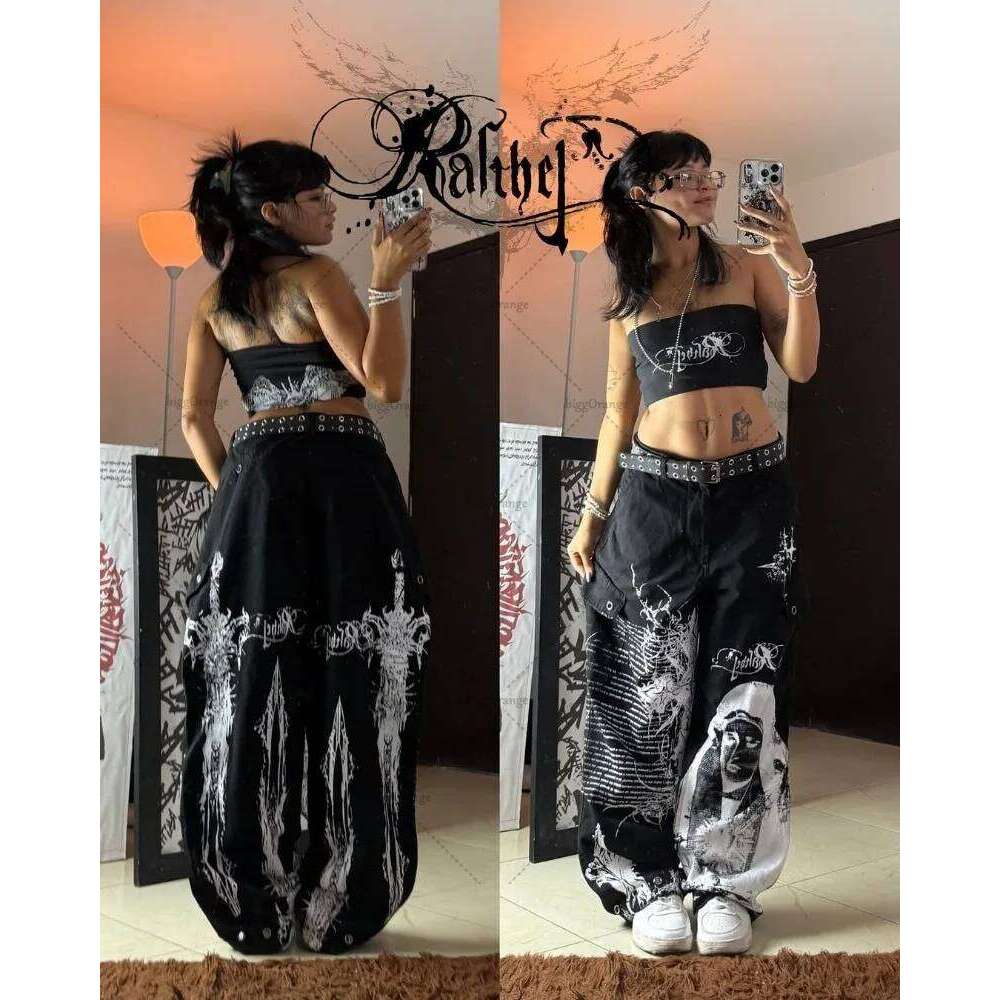 American Hip-hop Haruku Retro Trendy Brand Oversized Washing Jeans Women Y2K Gothic Punk Street Casual Loose Wide-leg Pants
