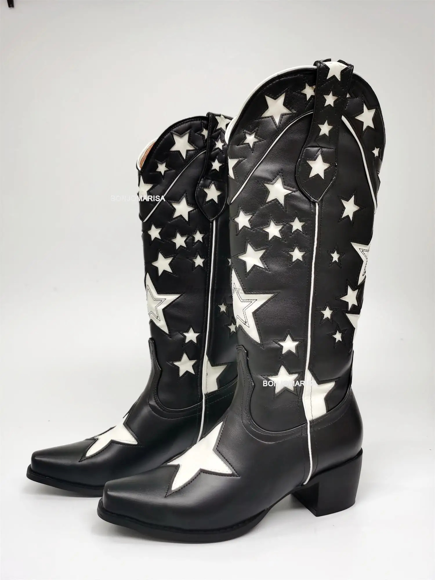 Women Western Boots Embroidered Fashion Chunky Heel Shoes Woman Star Slip On Cowboy Cowgirl Boots Black 250809