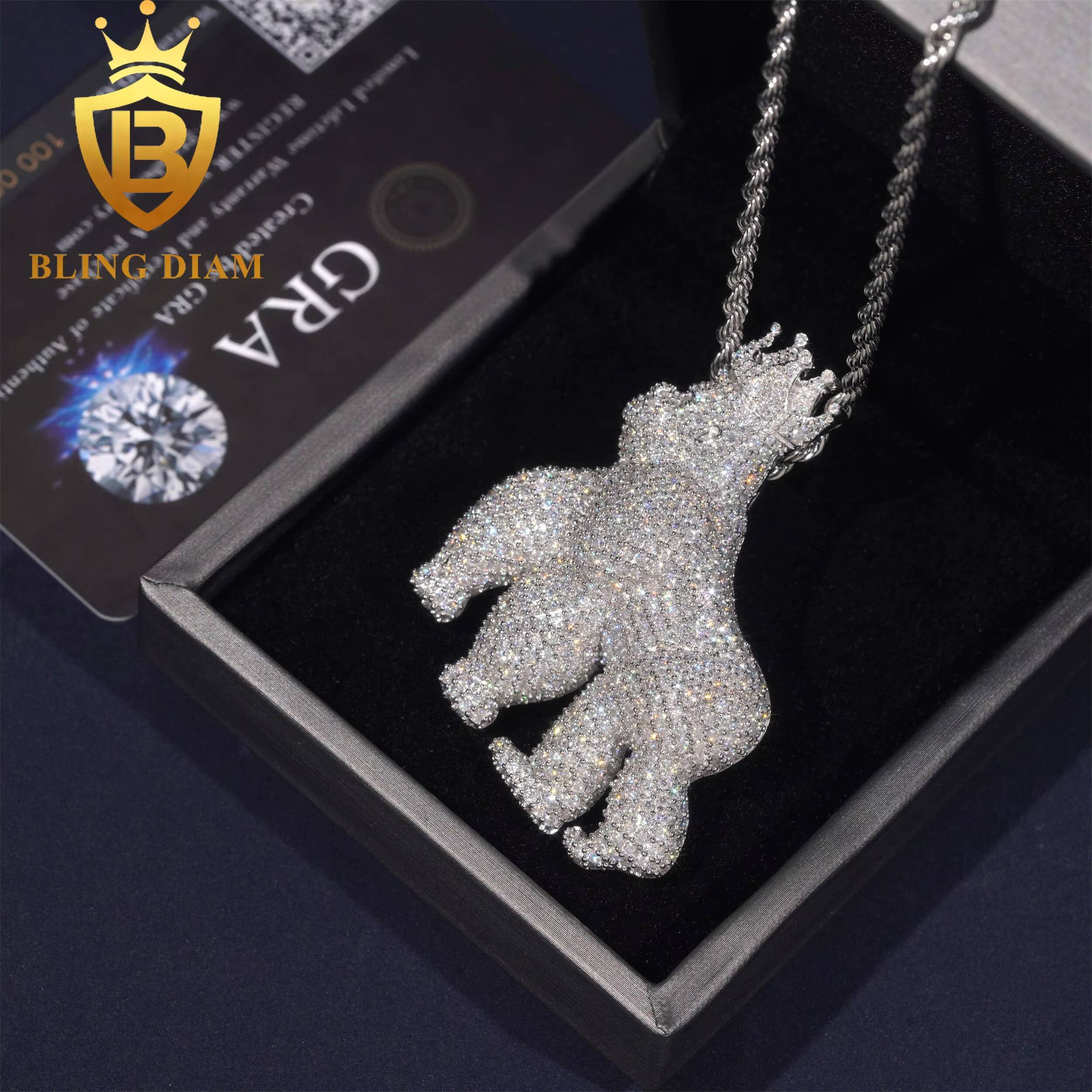 Hip Hop 925 Sterling Silver Vvs Moissanite Animal Gorilla Crown Charms Diamond Iced Out 3D Pendant Necklace