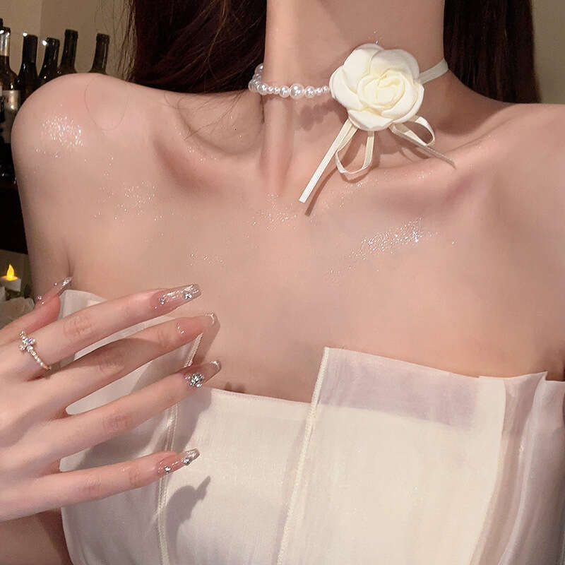 Camellia Flower Pearl Choker Necklace for Women, Collarbone Chain, Neckband, Floral Accessory