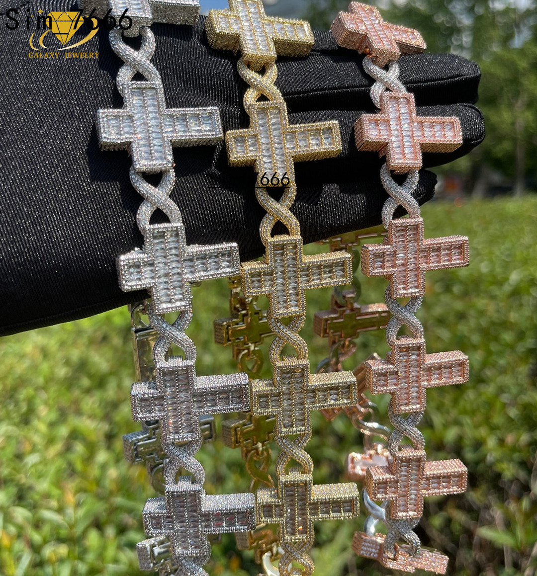 Hip Hop Iced Out 20mm Certified Chains Colorless Moissanite Diamond Bracelet Baguette Cross Infinity Cuban Link Chain Necklace