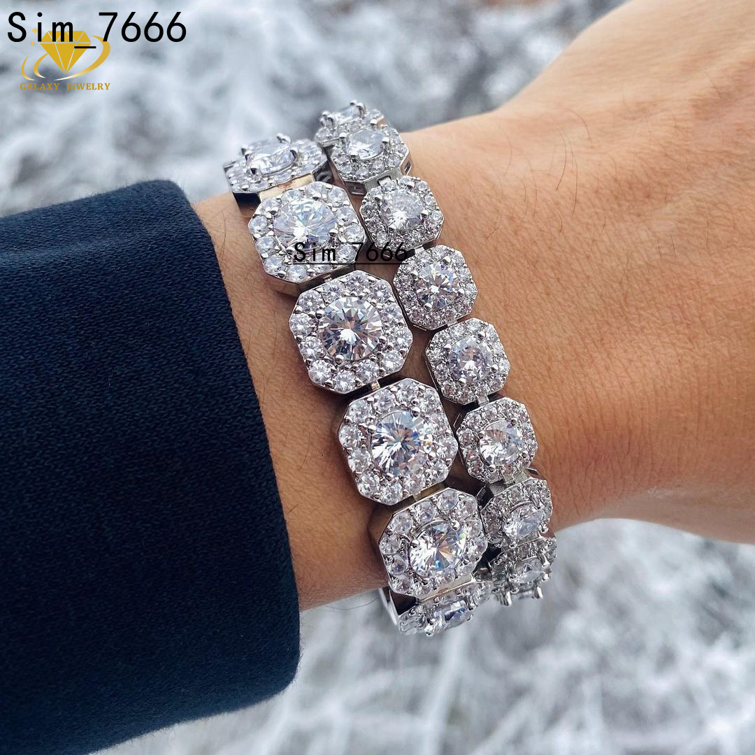 Custom Jewelry Hip Hop Sterling 925 Silver Gold Plated 10mm Cluster Diamond Mossanite Tennis Bracelet for Accessories Women