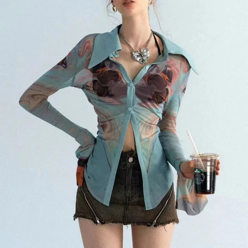 Japanese Summer Womens Lolita Patchwork Polo Shirts Button Printing Gauze Fashion Slim Elegant Long Sleeved Tops 250814