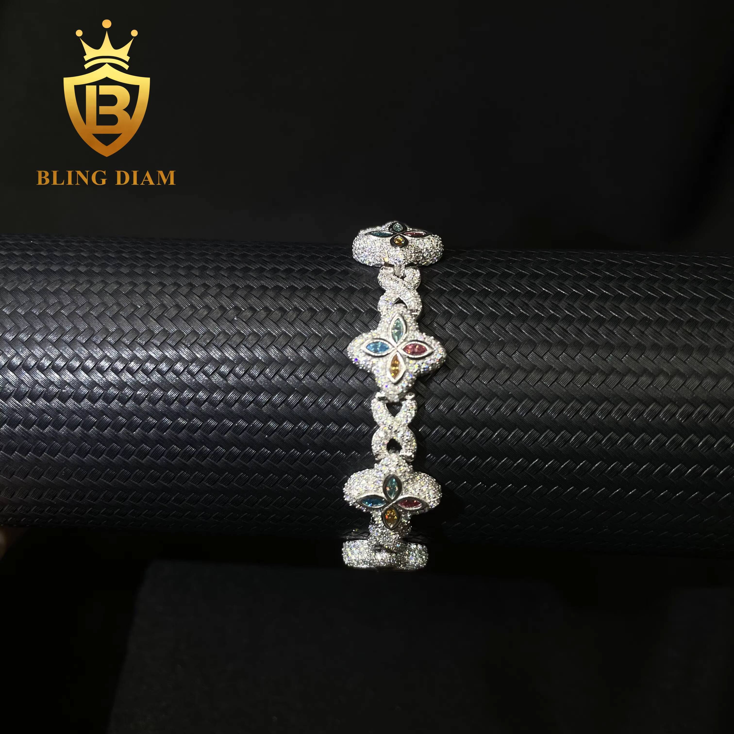 New Style Rapper Jewelry Marquise Flower 15mm Hip Hop Bracelet Moissanite Diamond Cuban Link Bracelet 925 Silver Men Bracelet